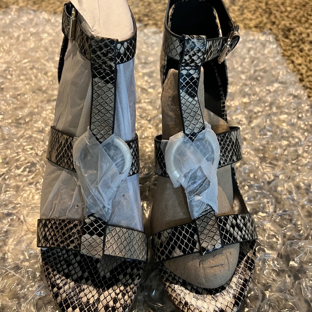 Marc Fisher Black and Gray Snakeskin Sandals
